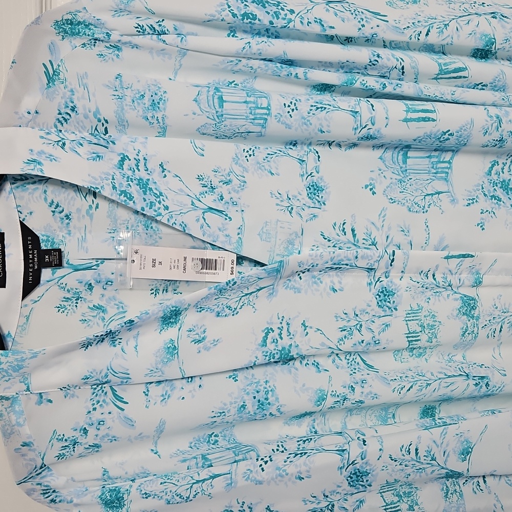 Investments 3/4 Sleeve Hidden Button Front V-neck Top: White/Teal Print:Size- 3X